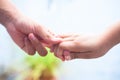 Female childÃ¢â¬â¢s hand holding the hand of elder male shot with bokeh background and horizontal. Concept of fatherÃ¢â¬â¢s day